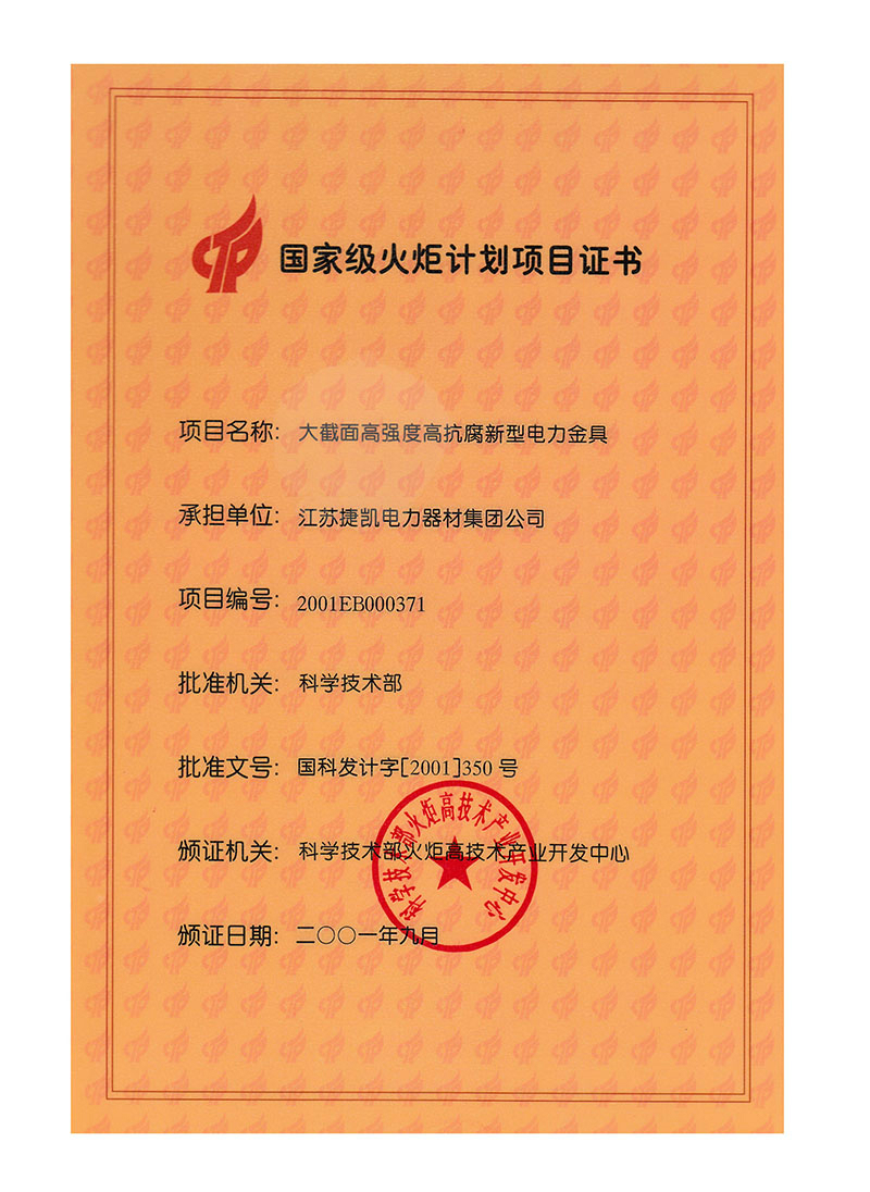 国家级火炬计划项目证书
